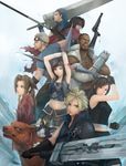  5boys absurdres aerith_gainsborough bad_id bad_pixiv_id barret_wallace black_hair brown_eyes brown_hair buster_sword cait_sith cat cid_highwind cigarette cloud_strife crown everyone final_fantasy final_fantasy_vii final_fantasy_vii_advent_children first_ken gatling_gun goggles goggles_on_head green_eyes gun handgun headband highres huge_weapon long_hair miche midriff multiple_boys multiple_girls pistol polearm red_xiii short_hair shorts shuriken sword tifa_lockhart vincent_valentine weapon yuffie_kisaragi zack_fair 