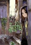  brown_hair long_hair original plant scarf solo stairs toi8 