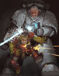  2boys absurdres adeptus_astartes angry armor artificial_eye blood blood_splatter blue_eyes combat_helmet death derivative_work firing gun gunshot_wound headshot helmet highres holding holding_gun holding_weapon mechanical_eye mossacannibalis multiple_boys orc ork_(warhammer) pauldrons plasma_pistol power_armor red_eyes shell_casing shoulder_armor size_difference warhammer_40k weapon 