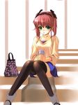  bad_id bad_pixiv_id bag copyright_request cup drinking_straw handbag red_hair sitting sitting_on_stairs skirt solo stairs takase_hiro thighhighs 