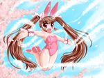  animal_ears bare_legs brown_eyes brown_hair bunny_ears bunnysuit cherry_blossoms flat_chest jumping long_hair open_mouth pekepeke smile solo twintails 