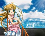  air blonde_hair blue_eyes day dinosaur hair_ribbon kamio_misuzu long_hair ponytail ribbon skirt sky solo stuffed_animal stuffed_toy wallpaper 