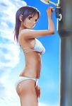  bikini day long_hair original purple_eyes purple_hair rasukaru showering solo swimsuit tan 