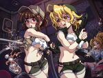  3girls aikawa_rumi artist_logo artist_name bandana baseball_cap belt blonde_hair blush bra breasts broken_glass brown_belt brown_eyes brown_hair brown_hat brown_vest collared_vest commentary covered_nipples cowboy_shot crop_top cup fio_germi glass glasses green_bandana green_shorts green_vest gun handgun hat hip_vent holding holding_gun holding_weapon ice ice_cube karosu_maker kasamoto_eri logo metal_slug midriff multiple_girls navel no_bra nose_bubble open_clothes open_mouth open_vest partially_unbuttoned ponytail shirt shorts sitting sleeping stomach tank_top underboob underwear vest weapon white_bra white_shirt white_tank_top window wristband 