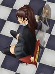  absurdres bad_id bad_pixiv_id black_legwear brown_eyes brown_hair checkered checkered_floor earrings glasses highres himiko_(persona_4) houndstooth jewelry kujikawa_rise lipstick long_hair makeup mimura_aki miniskirt persona persona_4 pleated_skirt school_uniform shadow sitting skirt smile spread_legs television thighhighs twintails 