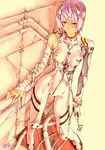  ayanami_rei bandages blush cable from_above glasses holding holding_eyewear kotatsu-spirit neon_genesis_evangelion pipes plugsuit purple_hair red_eyes short_hair signature sketch solo sunset torn_clothes 