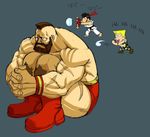  beard blonde_hair brown_hair chibi facial_hair guile hadouken kazue leg_hug male_focus mohawk multiple_boys o_o ryuu_(street_fighter) scar sonic_boom street_fighter tears zangief 