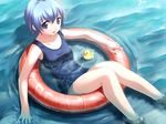  artist_request blue_hair game_cg innertube okitsu_ai one-piece_swimsuit purple_eyes ripples rubber_duck school_swimsuit smile solo splashing swimsuit tenkuu_no_yumina water 