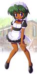  blush copyright_request dark_skin green_hair highres maid purple_eyes short_hair skirt solo tanuki_yousuke 
