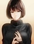  backlighting bangs black_eyes black_hair black_sweater bob_cut breasts commentary_request eyebrows_visible_through_hair eyelashes highres jewelry large_breasts looking_at_viewer original ring smile solo sweater turtleneck turtleneck_sweater upper_body wedding_band yuushin 