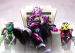  3boys absurdres armor belt black_gloves bodysuit crossed_legs gauntlets gloves helmet highres kamen_rider_geiz kamen_rider_woz kamen_rider_zi-o kamen_rider_zi-o_(series) kamen_rider_zi-o_ii kneeling looking_at_viewer male_focus mask multiple_boys otokamu rider_belt silver_trim sitting throne time_driver 