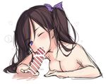  1girl bad_id bad_pixiv_id bar_censor breasts brown_hair censored earrings fellatio hair_ribbon heart hetero himekaidou_hatate jewelry kabata_(mechisan) medium_breasts nude one_eye_closed oral penis pointless_censoring purple_eyes ribbon simple_background sketch solo_focus spoken_heart touhou twintails white_background white_censor_bar 