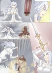  bar_censor battle blue_eyes breasts censored chosen_undead comic dark_souls dress emphasis_lines eyebrows fur highres jiete large_breasts long_hair monster_girl penis polearm priscilla_the_crossbreed reverse_grip silent_comic souls_(from_software) spear squatting sweatdrop sword thick_eyebrows weapon white_hair 