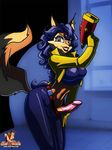  amber_eyes breasts canine carmelita_fox clothing dickgirl ear_piercing fox hair intersex lipstick looking_at_viewer mammal penis piercing police ponytail sheanimale sly_cooper sly_cooper_(series) solo 