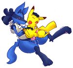  anal anal_penetration balls big_dom_small_sub cum cum_inside dog_tags feral feral_on_feral gay knot lucario male nintendo orgasm penetration penis pikachu pok&#233;mon porkyman red_eyes shugowah size_difference video_games 
