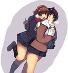  bag baozi belt_boots black_footwear black_hair blush boots brown_hair coat eating food hairband hug hug_from_behind knee_boots leg_lift long_hair mittens multiple_girls nazume_mikuru paper_bag pleated_skirt red_scarf scarf school_bag shiraishi_ayuna short_hair skirt smile winter_clothes winter_coat xration zero_in 