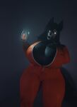 3d_(artwork) absurd_res anthro big_breasts black_body black_fur black_hair bone breasts canid canine cellphone digital_media_(artwork) electronics female fur glowing glowing_eyes hair hi_res holding_cellphone holding_object holding_phone holding_smartphone huge_breasts malo mammal open_mouth orange_jumpsuit phone prison_uniform scp-1471-a scp_foundation skull skull_head smartphone solo standing tail teknotyk thick_thighs white_eyes wide_hips