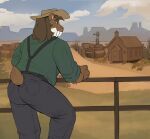 2025 anthro belt bottomwear brown_body brown_fur brown_hair clothing countershade_face countershading cowboy_hat denim denim_bottomwear denim_clothing felid fur furgonomic_pants gol1ath hair hat headgear headwear hi_res jeans male male_anthro mammal outside overweight overweight_anthro overweight_male pants prehistoric_species rear_view saber-toothed_tiger shirt smilodon solo standing suspenders tail topwear tusks white_body white_fur