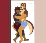anthro barazoku beard bed black_body black_fur blush body_hair brown_body brown_fur brunohyena bulge canid canine canis chad_harman chest_hair clothing dobermann domestic_dog duo ear_piercing eyebrow_piercing eyes_closed facial_hair facial_piercing fangs fred_kent fur furniture german_shepherd happy_trail herding_dog hi_res home_zomewhere_else hug hybrid lying lying_on_bed male male/male mammal markings mastiff molosser muscular muscular_anthro muscular_male mustache on_bed orange_body orange_fur pastoral_dog pecs piercing pink_body pink_fur pinscher pubes rottweiler size_difference smile teeth text underwear yellow_body yellow_fur