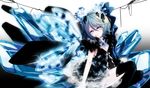  alternate_costume blue_eyes blue_hair boots bow cirno highres memai short_hair sitting solo thigh_boots thighhighs touhou wings 