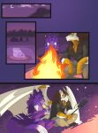 4_panel_comic absurd_res amphibian anthro black_sclera broken_horn campfire camping_tent clothing comic dragon duo eating eating_food fire food frog fur godrelion_(character) hi_res holding_object holding_tool horn lily_pad looking_surprised male male/male mythological_creature mythological_scalie mythology narphion narphion_(sergal) nude plant purple_body purple_eyes purple_fur sandwich_(food) scales scalie sergal smile tail tools wings xrosemarcyx