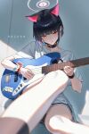  1girl absurdres animal_ears black_choker black_hair black_mask blue_archive blush cat_ears cat_girl character_name choker collarbone colored_inner_hair commentary_request dong_(art_woodong) guitar halo highres holding holding_guitar holding_instrument instrument kazusa_(band)_(blue_archive) kazusa_(blue_archive) korean_commentary mask mask_pull mouth_mask multicolored_hair music official_alternate_costume parted_lips pink_hair pink_halo playing_instrument red_eyes shirt short_hair short_sleeves sitting skirt solo two-tone_hair white_shirt white_skirt wristband 
