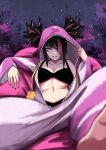  1girl absurdres black_bra black_hair black_nails bra breasts cleavage diagonal_bangs dot_nose eyelashes glint hair_over_one_eye hair_through_hood han_juri highres hood hood_up momo_juice multicolored_hair navel official_alternate_costume onesie open_pajamas pajamas parted_lips pink_eyes pink_hair pink_hood pink_pajamas purple_background sitting smile solo streaked_hair street_fighter street_fighter_6 twintails two-tone_hair underwear 