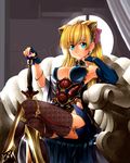  animal_ears armor blonde_hair blue_eyes breasts cat_ears cleavage crossed_legs hand_on_hilt highres legs long_hair medium_breasts mimosa211 original ribbon sitting solo sword thighhighs weapon 