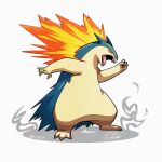  blue_fur fire full_body mistray-art no_humans open_mouth pokemon pokemon_(creature) signature simple_background solo standing two-tone_fur typhlosion white_background yellow_fur 