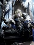  1boy areadbhar_(fire_emblem) blonde_hair blue_eyes dimitri_alexandre_blaiddyd dimitri_alexandre_blaiddyd_(timeskip) eyepatch fire_emblem fire_emblem:_three_houses fur_trim highres holding holding_polearm holding_weapon male_focus polearm sitting_on_throne solo throne weapon zat_296 