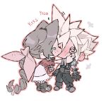  @_@ aerith_gainsborough armor armored_gloves bangle black_boots black_pants black_shirt blonde_hair blush boots bracelet braid braided_ponytail brown_boots brown_hair chibi chibi_only closed_eyes cloud_strife couple cropped_jacket dress ear_blush final_fantasy final_fantasy_vii final_fantasy_vii_remake full_body hair_between_eyes hair_ribbon hand_on_another&#039;s_cheek hand_on_another&#039;s_face hetero highres jacket jewelry kiss long_dress long_hair mmmckayyy pants parted_bangs pauldrons pink_dress pink_ribbon red_jacket ribbon shirt short_hair shoulder_armor sidelocks single_braid single_pauldron sleeveless sleeveless_shirt spiked_hair white_background 