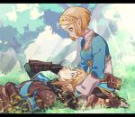  1boy 1girl black_gloves blonde_hair blue_eyes blue_shirt breasts brown_bag brown_shoes closed_mouth commentary_request earrings eyelashes fingerless_gloves from_side gloves grass hand_on_own_stomach highres jewelry kneeling lap_pillow letterboxed light_rays link long_sleeves looking_at_another lying on_back oshinomiya outdoors pointy_ears princess_zelda shirt shoes short_hair sidelocks smile the_legend_of_zelda the_legend_of_zelda:_tears_of_the_kingdom tree 