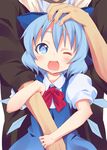  blue_eyes blue_hair bow cirno hair_bow happy miyao_ryuu one_eye_closed out_of_frame petting short_hair smile solo_focus touhou wings 