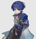  1boy arm_at_side belt black_belt black_bodysuit black_bow black_shorts blue_cape blue_gemstone blue_hair blue_kimono blue_sleeves blunt_ends bodysuit bow bright_pupils cape character_doll closed_mouth cowboy_shot doll eyeliner eyeshadow feathers furisode gem genshin_impact gold hair_intakes hakama hakama_shorts hand_up holding holding_stuffed_toy japanese_clothes juban kimono layered_sleeves looking_at_viewer makeup male_focus mandarin_collar open_clothes open_kimono pleated_shorts pom_pom_(clothes) purple_eyes purple_rope purple_sash red_eyeliner red_eyeshadow rope sash scaramouche_(genshin_impact) short_sleeves shorts solo stuffed_toy tassel tsurime wamin wanderer_(genshin_impact) white_background white_kimono white_pupils white_sleeves white_trim wispy_bangs yellow_feathers 