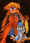  2girls absurdres ayanami_rei black_background blue_hair bodysuit bow brown_eyes chinese_commentary closed_mouth colored_skin commentary_request crying crying_with_eyes_open dot_nose downturned_eyes full_body gloves hair_bow highres holding holding_own_wrist knees_up long_hair looking_ahead looking_at_hand mecha_pilot_suit mini_person minigirl multiple_girls neon_genesis_evangelion orange_hair plugsuit_(evangelion) red_bodysuit red_bow red_gloves red_skin scared short_hair simple_background sitting size_difference souryuu_asuka_langley streaming_tears teardrop tears thick_eyebrows turn_pale two_side_up very_long_hair white_bodysuit xinzangjian 