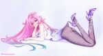  1girl aqua_hair artist_name ass bare_shoulders black_pantyhose breasts cyrene_(honkai:_star_rail) cyrene_(ripples_of_past_reverie)_(honkai:_star_rail) diamond-shaped_pupils diamond_(shape) hashtag-only_commentary high_heels highres honkai:_star_rail honkai_(series) lace_pantyhose_hooked_on_heel_(meme) large_breasts leotard long_hair looking_at_viewer lying meme multicolored_hair on_stomach pantyhose pink_hair pointy_ears purple_eyes simple_background smile solo symbol-shaped_pupils tomatolaccoon two-tone_hair very_long_hair white_leotard 