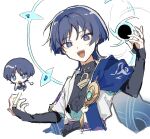  1boy black_bodysuit black_bow black_bridal_gauntlets black_hair blue_gemstone blue_halo blue_kimono blue_sleeves blunt_ends bodysuit bow bridal_gauntlets bright_pupils chibi chibi_inset cropped_torso crossed_arms eyeliner eyeshadow feathers furisode gem genshin_impact gold gold_ring halo halo_behind_head hand_up japanese_clothes juban kimono layered_sleeves looking_at_viewer makeup male_focus mandarin_collar middle_ring multicolored_hair open_clothes open_hands open_kimono open_mouth pom_pom_(clothes) puff_of_air purple_eyes purple_hair red_eyeliner red_eyeshadow scaramouche_(genshin_impact) short_sleeves shoulder_peek sketch solo streaked_hair teeth tongue tsurime upper_teeth_only vortex wamin wanderer_(genshin_impact) white_background white_hair white_kimono white_pupils white_sleeves wispy_bangs yellow_feathers 