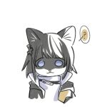  1girl ? absurdres animal_ears arknights arknights:_endfield black_coat black_hair blue_eyes cat_ears closed_mouth coat cropped_torso cumulussen endministrator_(arknights) english_commentary female_endministrator_(arknights) furry furry_female hair_ornament highres long_sleeves looking_at_viewer open_clothes short_hair simple_background spoken_question_mark sweater white_background white_sweater 