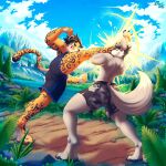 1:1 abs anthro athletic athletic_anthro athletic_male athletic_wear bottomwear brown_hair brown_spots canid canine canis cheek_tuft clothing digitigrade duo dustythebat facial_tuft felid fur gameplay_mechanics genitals grey_body grey_fur gui gym_bottomwear gym_shorts hair half-closed_eyes health_bar hi_res jaguar kick male mammal markings multicolored_body multicolored_fur muscle_tone narrowed_eyes outside pantherine pawpads paws pecs pink_pawpads raised_leg shorts smile smirk smug smug_face smug_grin spots spotted_body spotted_fur spotted_markings tuft two_tone_body two_tone_fur white_body white_fur wolf wolfius yellow_body yellow_fur