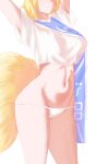  1girl arms_up blonde_hair blue_tabard blush breasts commentary covered_nipples cropped_shirt eyes_out_of_frame fang fox_girl fox_tail hahako_(artist) head_out_of_frame kitsune kyuubi large_breasts light_smile linea_alba multiple_tails navel no_pants panties see-through_silhouette shirt shirt_overhang short_hair simple_background skin_fang solo stomach symbol-only_commentary tabard tail thighs touhou underwear white_background white_panties white_shirt yakumo_ran 