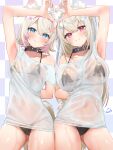  2girls absurdres alternate_costume animal_collar animal_ear_fluff animal_ears arm_behind_back arm_up armpits artist_name bandaid bandaid_hair_ornament bare_arms bikini bikini_under_clothes black_bikini black_collar blonde_hair blue_eyes blue_nails blush breasts checkered_background closed_mouth collar commentary_request cowboy_shot dog_ears dog_tail fang fang_out festa11307070 fuwawa_abyssgard hair_ornament hairclip heart heart_hands heart_hands_duo highres hololive hololive_english large_breasts long_hair looking_at_viewer mococo_abyssgard multicolored_hair multiple_girls nail_polish paid_reward_available pink_nails red_eyes see-through_clothes see-through_shirt shirt short_hair side-by-side signature single_bare_shoulder small_breasts smile spiked_collar spikes swimsuit tail tareme two-tone_hair variant_set virtual_youtuber wet wet_clothes wet_shirt x_hair_ornament 