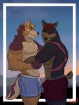 abs absurd_res anthro arm_grab barazoku black_body black_fur blush body_hair brown_body brown_fur bulge canid canine canis chad_harman clothing dobermann domestic_dog duo eyes_closed facial_hair fangs forest fred_kent fur german_shepherd herding_dog hi_res home_zomewhere_else hybrid male male/male mammal markings mastiff molosser muscular muscular_anthro muscular_male one_eye_closed orange_body orange_fur outside overly_ketchup pastoral_dog pecs pink_body pink_fur pinscher plant rottweiler smile teeth tree underwear yellow_body yellow_fur