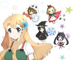  5girls ahoge akiyama_mio bad_id bad_pixiv_id black_eyes black_hair blonde_hair blue_eyes bow brown_hair candy cape costume dress elbow_gloves fang food frills gloves grin hair_bow hair_ornament hairband halloween hat hirasawa_yui horns jelly_bean k-on! kotobuki_tsumugi lollipop minigirl multiple_girls nakano_azusa pitchfork saliva short_hair simple_background smile star striped striped_legwear sunameri_oishii sweets swirl_lollipop tail tainaka_ritsu thighhighs twintails vertical-striped_legwear vertical_stripes witch_hat 