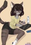 2025 5_fingers anthro big_butt black_bottomwear black_clothing black_shorts bottle bottomwear brown_body brown_eyes brown_fur bulge butt cat_sona_(mr-shin) clothing container domestic_cat drawing_tablet felid feline felis fingers footwear fur gloves_(marking) grey_body grey_fur hi_res inner_ear_fluff leg_markings looking_at_viewer male mammal markings midriff mole_(marking) mr-shin pink_inner_ear pink_nose pupils shirt shorts socks socks_(marking) solo thick_thighs topwear tuft water_bottle white_body white_clothing white_footwear white_fur white_inner_ear_fluff white_socks wide_hips yellow_clothing yellow_shirt yellow_topwear