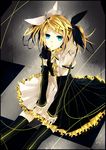  bad_id bad_pixiv_id blonde_hair blue_eyes checkered checkered_floor detached_sleeves dress frills hair_ornament hair_ribbon hairclip highres kagamine_rin kagamine_rin_(roshin_yuukai/hard_rkmix) kinatsu_souju ribbon roshin_yuukai_(vocaloid) sitting solo thighhighs vocaloid 