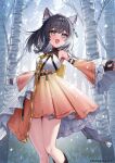  1girl :d animal_ear_fluff animal_ears atelier_(series) atelier_resleriana bare_shoulders birch_tree black_gloves black_hair braid breasts breath cat_ears cat_girl copyright_notice detached_sleeves dress earrings edajima_denki feet_out_of_frame fingerless_gloves gloves hair_ornament halterneck highres izana_kokoschka jewelry long_hair long_sleeves looking_at_viewer official_art open_mouth outdoors pink_dress second-party_source short_dress side_braid sleeveless sleeveless_dress smile snowing solo standing tree 