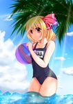  ahoge ball beachball blonde_hair fule highres light_rays name_tag one-piece_swimsuit red_eyes rumia school_swimsuit short_hair solo sunbeam sunlight swimsuit touhou wading water 