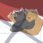 anthro armpit_hair barazoku bed body_hair canid canine canis chad_harman dobermann domestic_dog duo ear_piercing eyebrow_piercing facial_hair facial_piercing fangs fred_kent fur furniture german_shepherd herding_dog hi_res home_zomewhere_else hug hugging_another hugging_from_behind hybrid lying lying_on_bed male male/male mammal markings mastiff molosser muscular muscular_anthro muscular_male on_bed pastoral_dog piercing pinscher playing_with_hair rottweiler sketch smile spanish_description teeth zordykeaboo