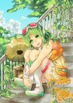  amatsuki_colors goggles goggles_on_head green_eyes green_hair gumi highres phonograph short_hair sitting skirt smile solo vocaloid 