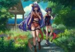 2girls bikini blue_bikini blue_eyes blue_gloves blue_hair blue_sky braid breasts closed_mouth cloud commentary_request crown_braid day fang fingerless_gloves fire_emblem fire_emblem:_radiant_dawn fire_emblem_awakening fire_emblem_heroes flower gloves grass hair_flower hair_ornament hairband high_heels highres holding holding_mask imageprogram_(kent) long_hair lucina_(fire_emblem) lucina_(summer)_(fire_emblem) mask mia_(fire_emblem) mia_(summer)_(fire_emblem) multiple_girls official_alternate_costume official_alternate_hairstyle open_mouth orange_bikini outdoors revision see-through_clothes skin_fang sky small_breasts smile swimsuit thigh_strap tree unworn_mask very_long_hair water white_hairband wristband 
